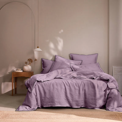 housse de couette en lin bords bourdon Lilas