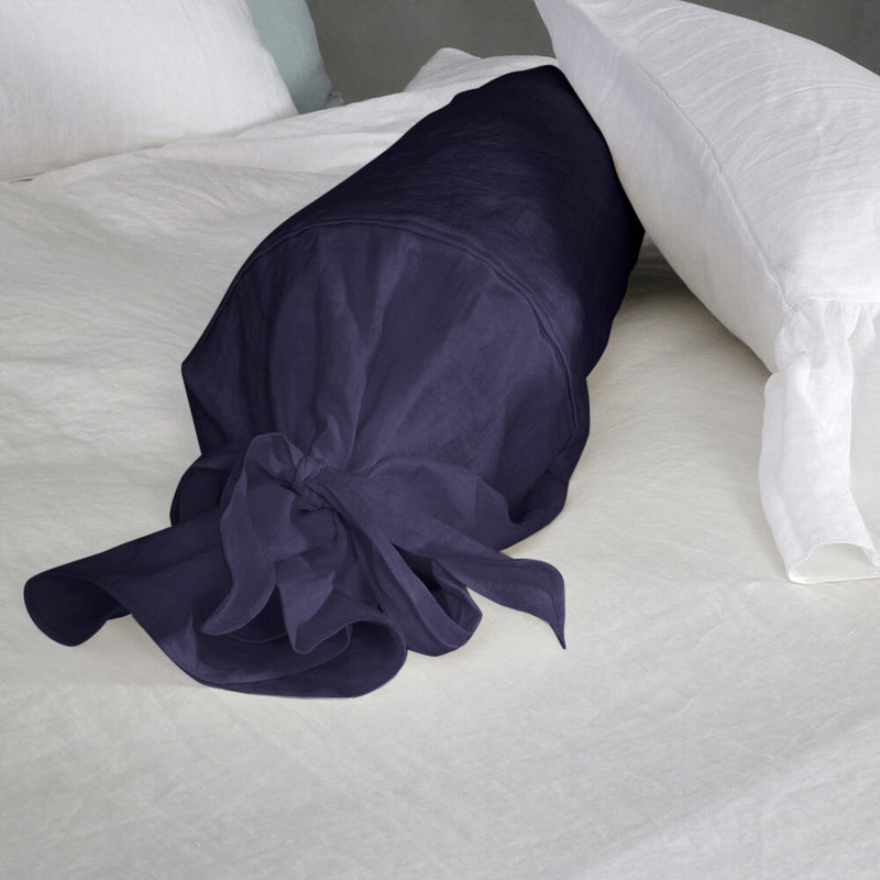 Taie de traversin en lin avec noeud bleu nuit