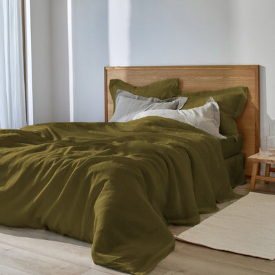 Housse de couette en lin à bords plats vert olive