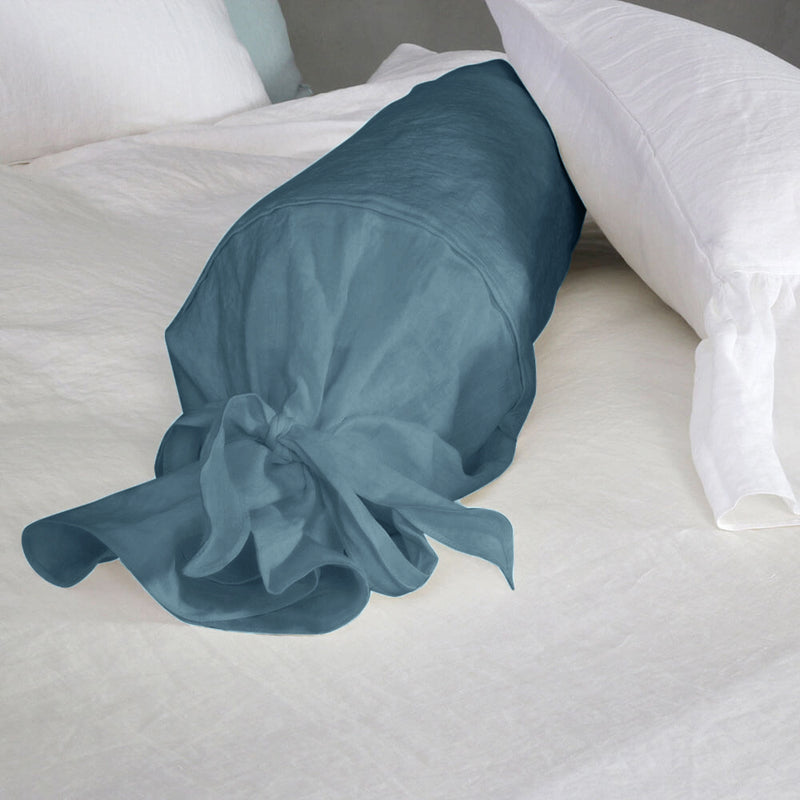 Taie de traversin en lin avec noeud bleu français