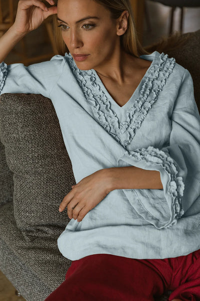 Robe de nuit courte en lin lavé à mini volants bleu glacier
