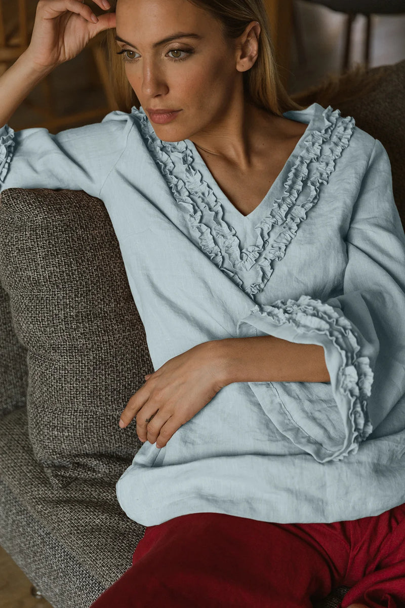 Robe de nuit courte en lin lavé à mini volants bleu glacier