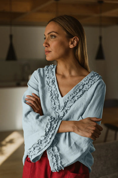 Robe de nuit courte en lin lavé à mini volants bleu glacier