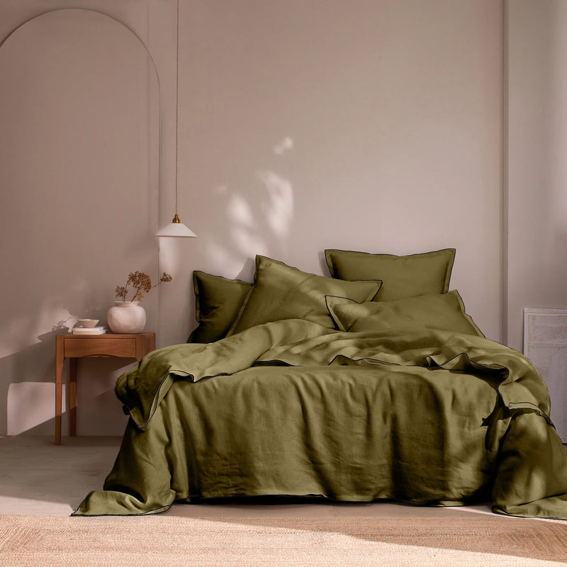 housse de couette en lin bords bourdon Olive Verte