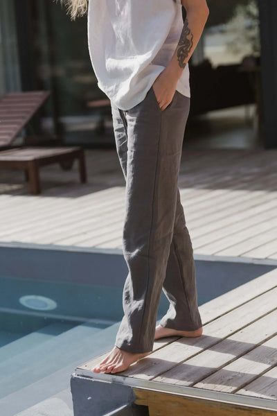 Pantalon décontracté 100% lin lavé pour femme 4#colour_gris-plomb