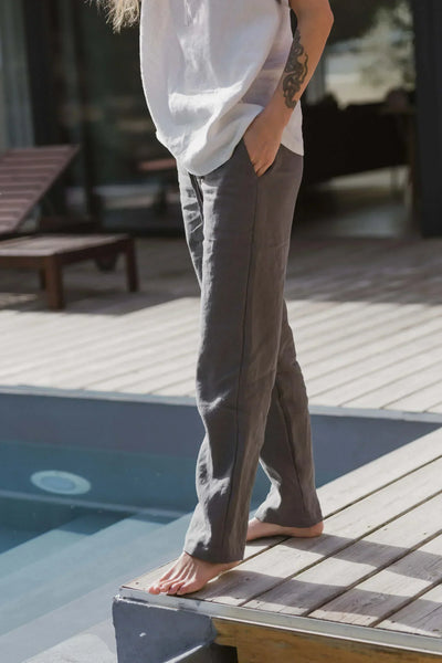 Pantalon décontracté 100% lin lavé pour femme 11#colour_gris-plomb