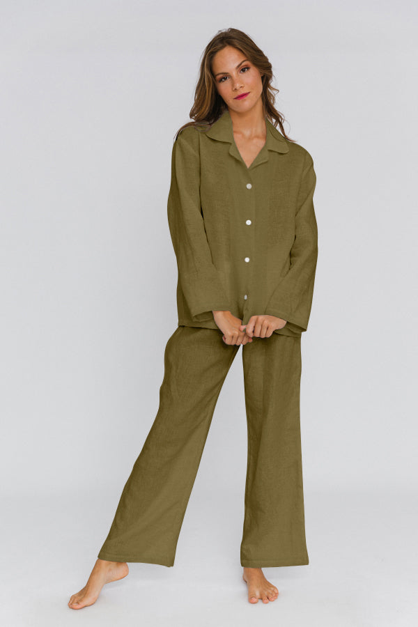 Pyjama en lin lavé femme Olive Verte 