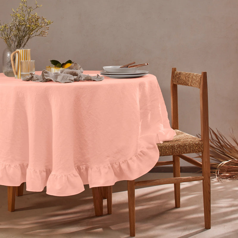 Nappe ronde en lin à volant rose
