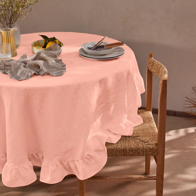 Nappe ronde en lin lavé à volant rose