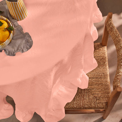 Nappe ovale en lin a volant rose
