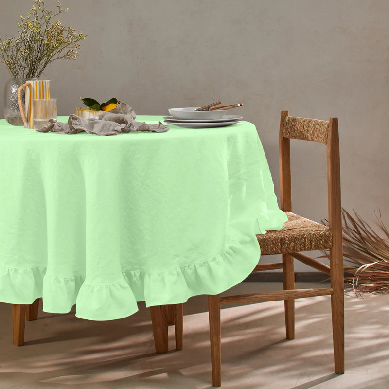 Nappe ronde sur mesure à volant en lin vert menthe
