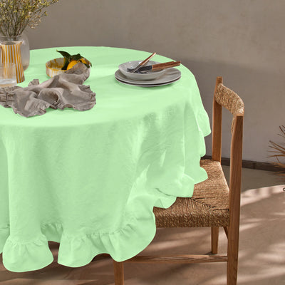 Nappe ronde en lin à volant vert menthe