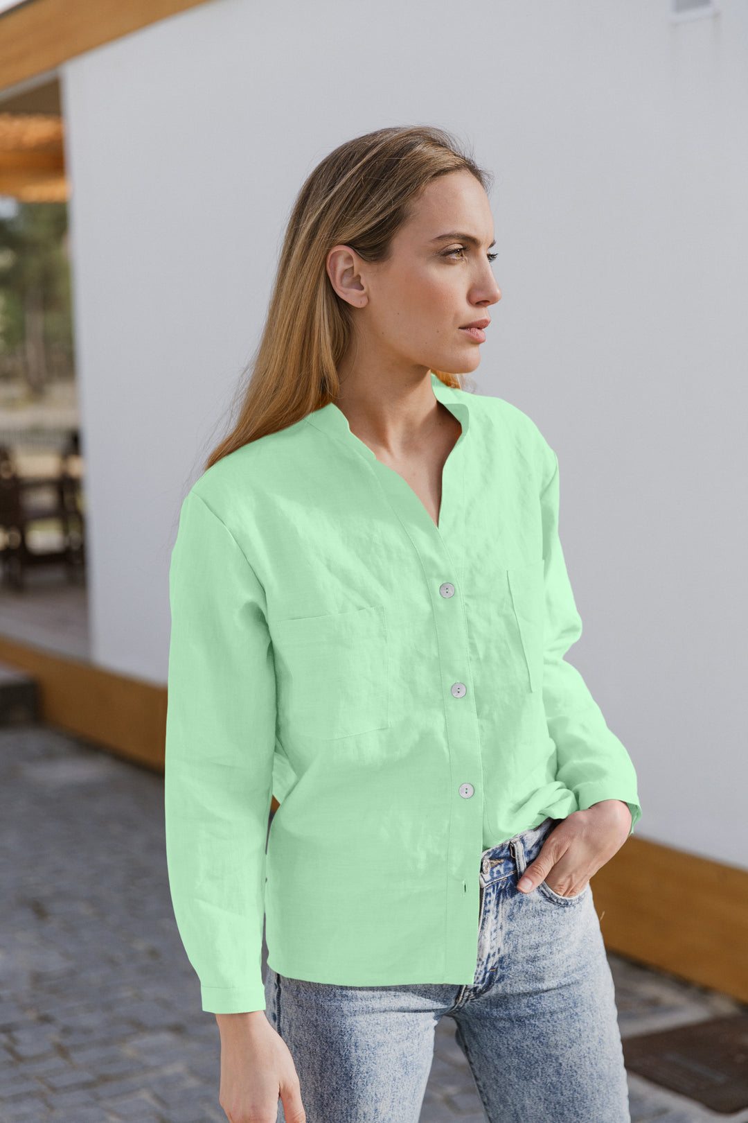 Linen Blouse Vert Menthe Chemisier Femme Manches Longues En
