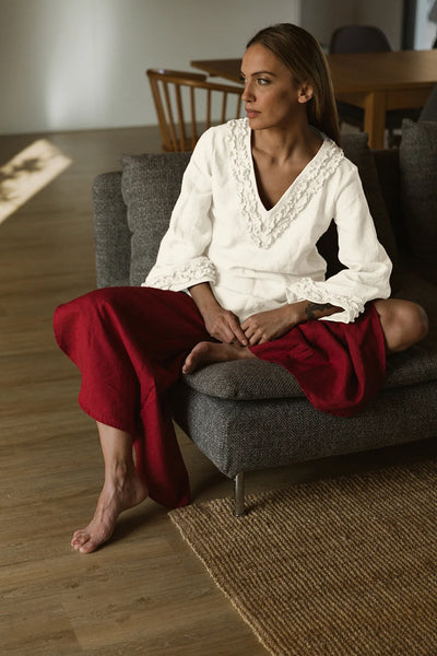 Robe de nuit courte en lin à mini volants Ivoire