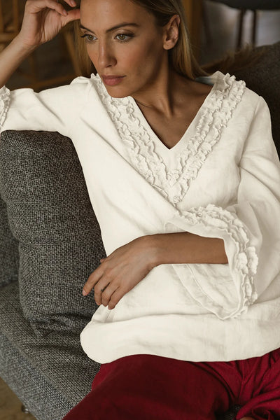 Robe de nuit courte en lin lavé à mini volants ivoire