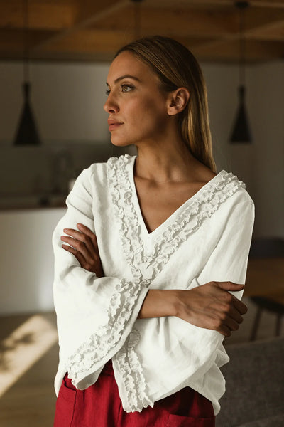Robe de nuit courte en lin lavé à mini volants ivoire