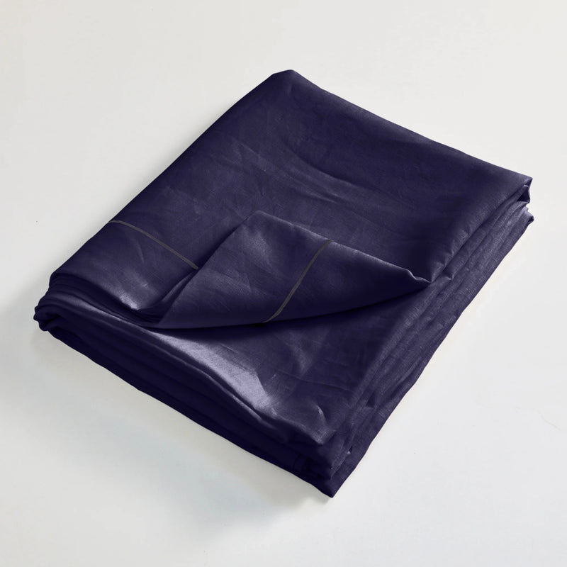 Drap plat en lin lavé Bleu Nuit finition bordure Bourdon