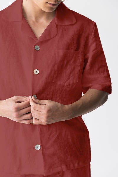Veste pyjama en lin doux à manches courtes Brique #colour_brique