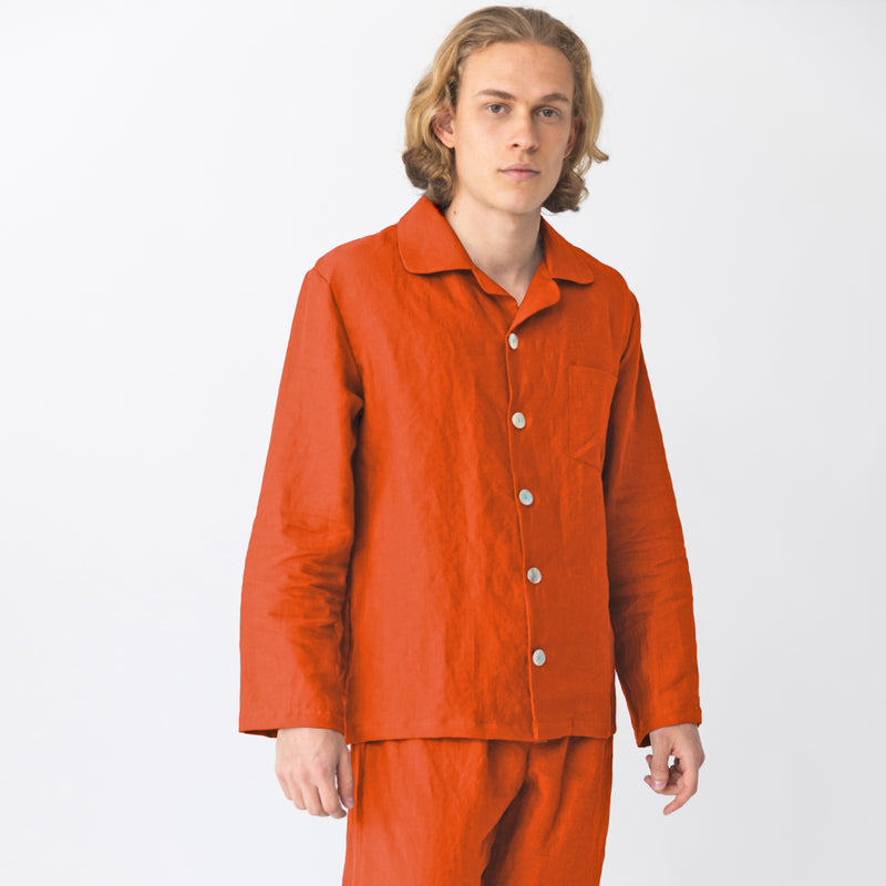 Veste pyjama homme manches longues en lin corail Linenshed