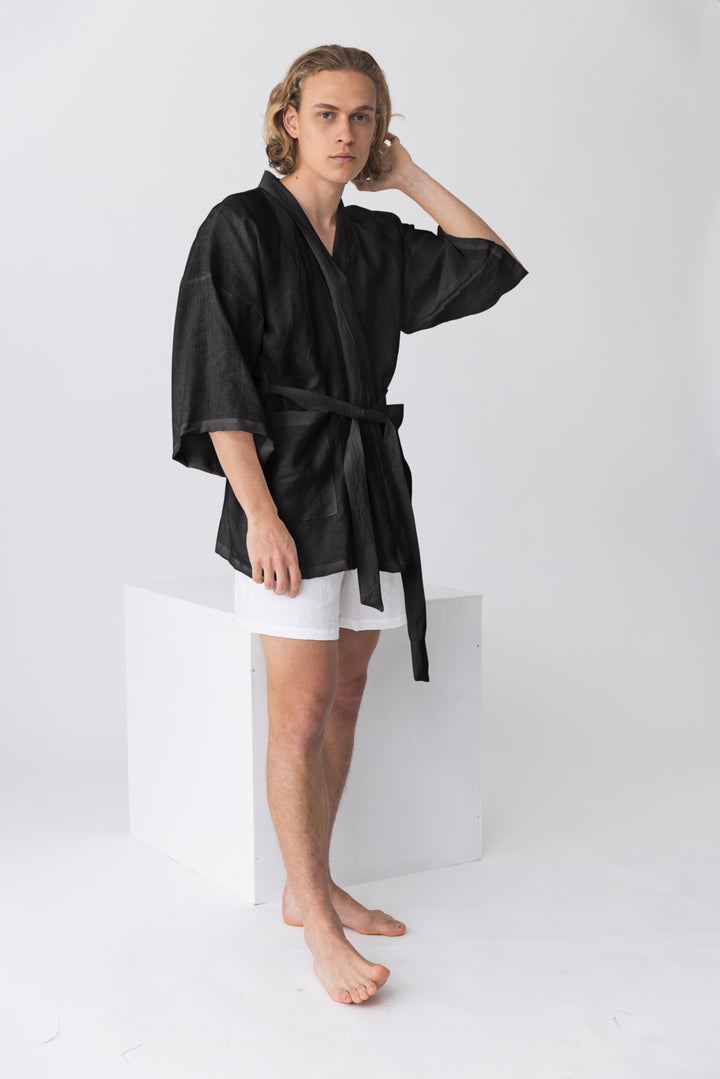 Peignoir kimono court homme en lin noir Linenshed