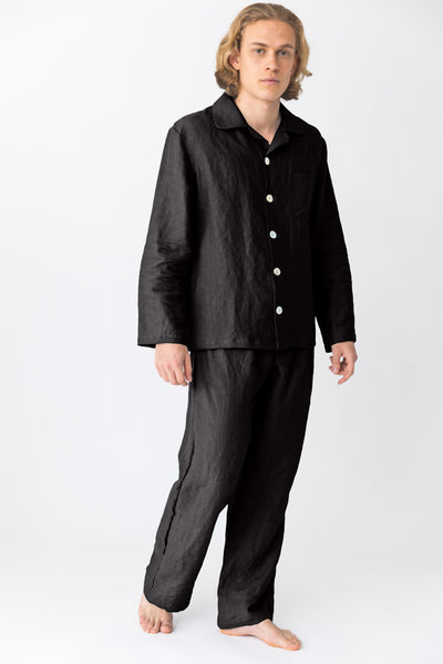 Pyjama long homme en lin lavé Encre Noire #colour_encre-noire
