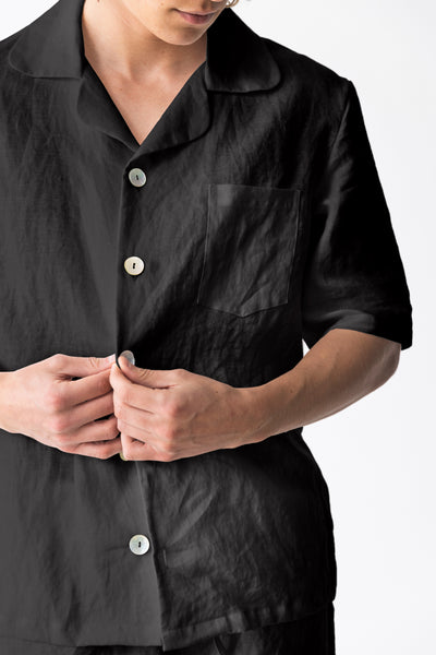 Veste pyjama en lin doux à manches courtes Encre Noire #colour_encre-noire