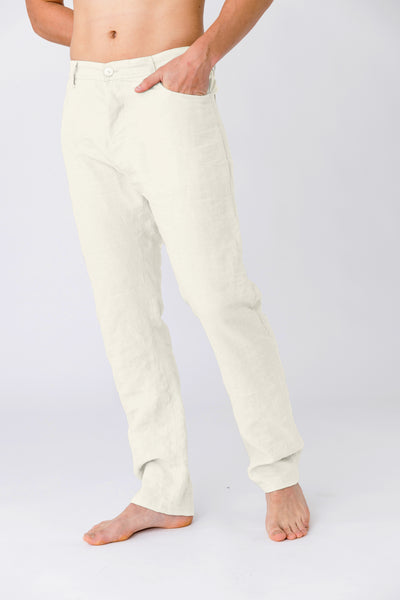 Pantalon en lin, style Jeans "Flavio" Ivoire #colour_ivoire