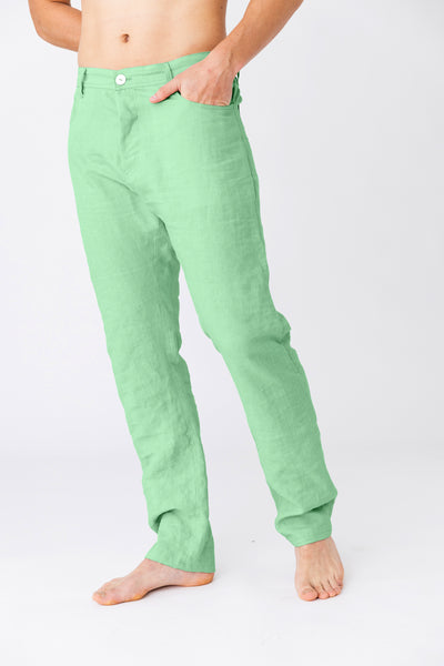 Pantalon en lin, style Jeans "Flavio" Vert Menthe #colour_vert_menthe