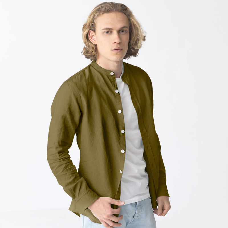 Chemise en lin col mao homme vert olive Linenshed