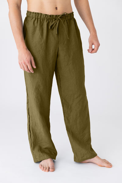 Pantalon de pyjama pour hommes en lin vert #colour_olive-verte