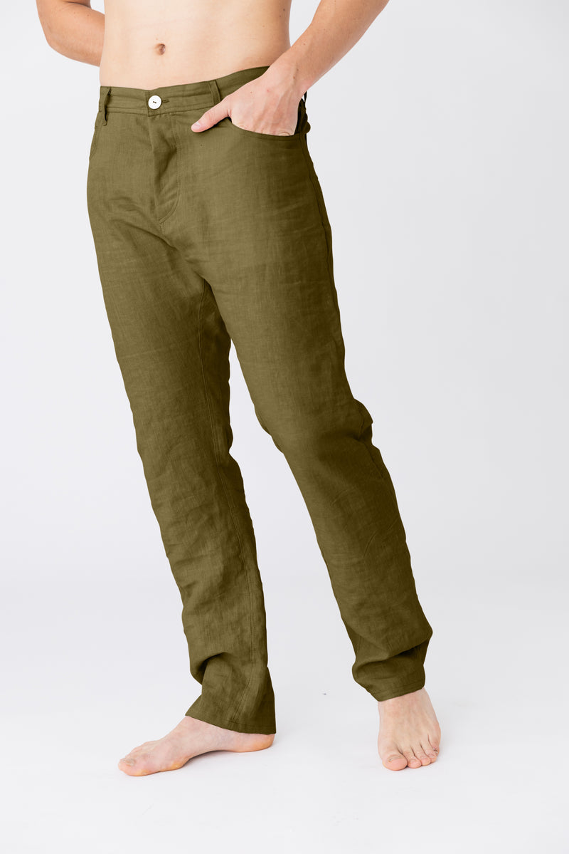 Pantalon en lin, style Jeans "Flavio" Olive Verte 