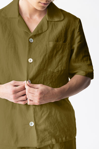 Veste pyjama en lin doux à manches courtes Olive Verte #colour_olive-verte