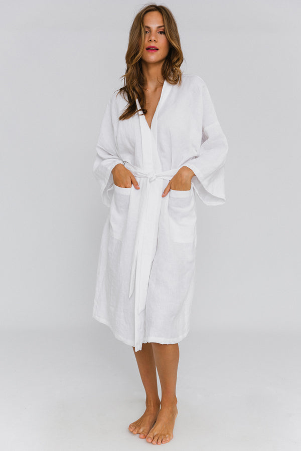 Soldé! Peignoir long en lin, style Kimono « Laís » Blanc